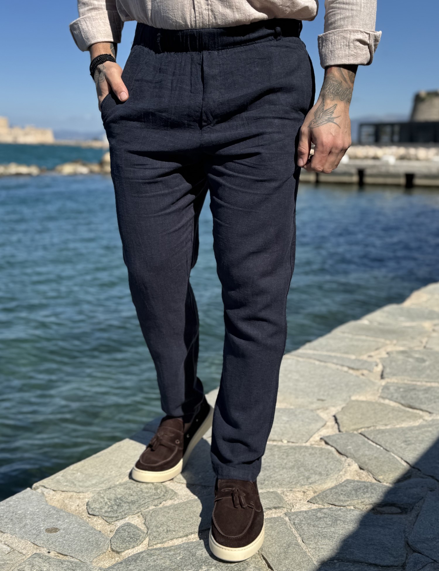 Marrakech ανδρικό μπλε loose υφασμάτινο λινό παντελόνι TST2531N - Marrakech - 